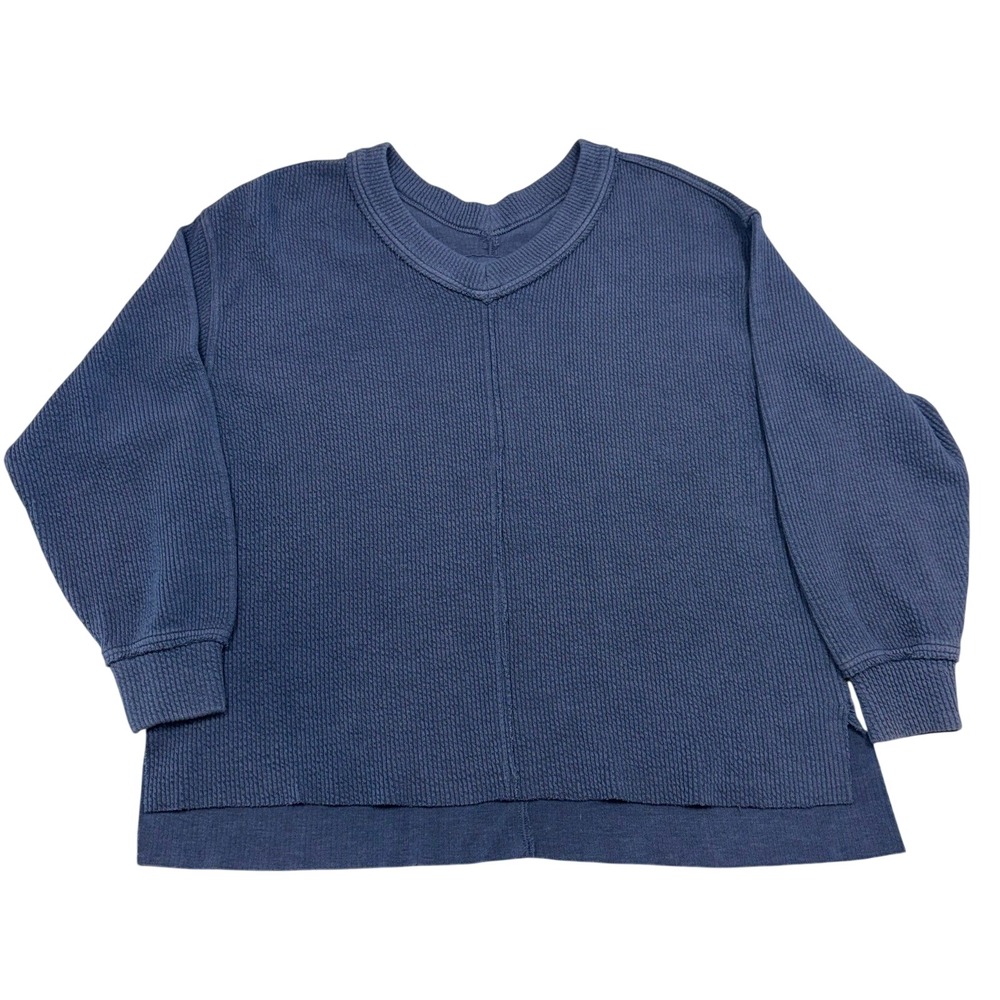 Aerie Oversized Waffle Knit V-Neck Sweater Navy Blue Slouchy Split Hem Small
